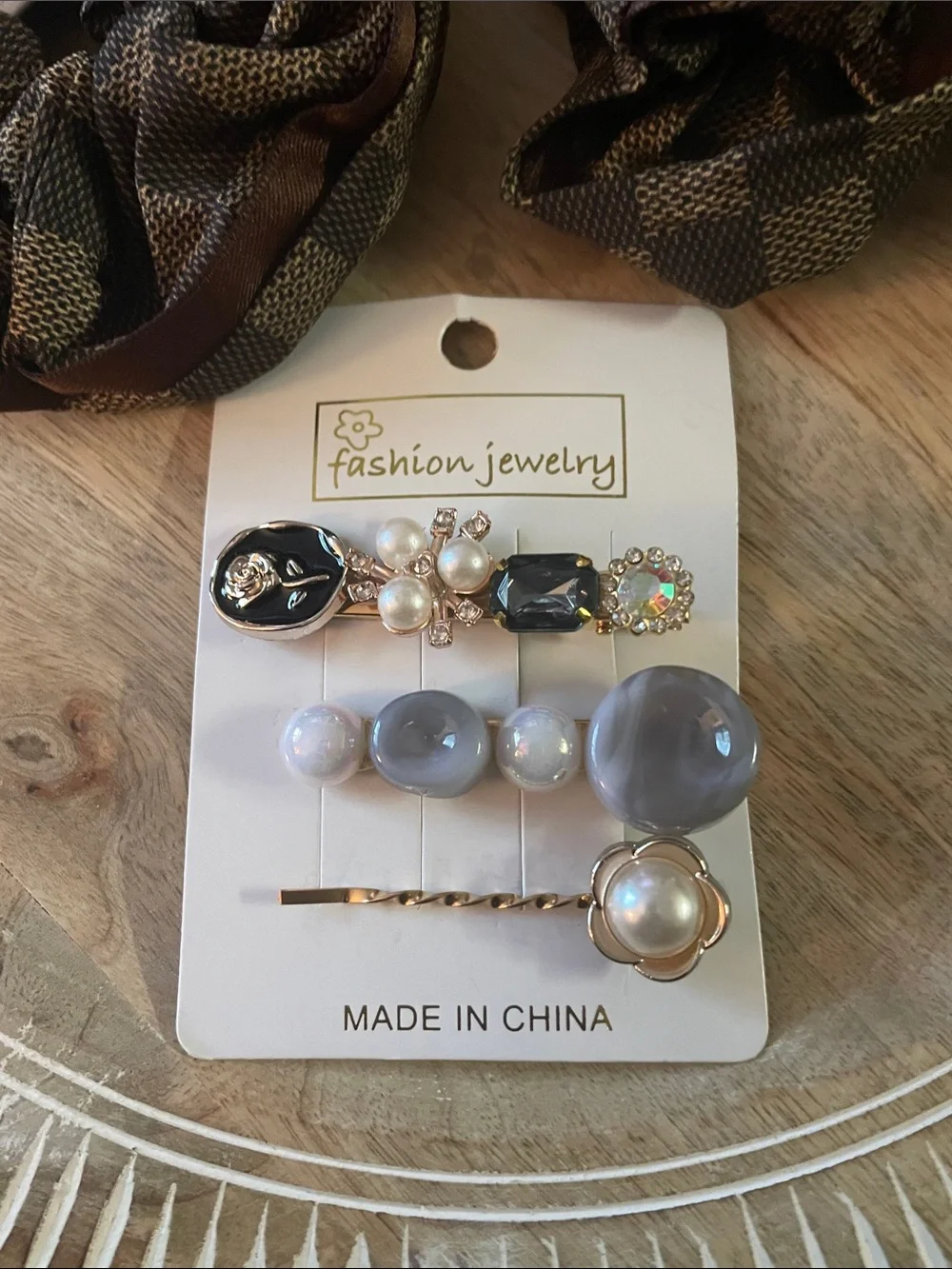 Ella Brown Satin Scrunchie & Pearl Accent Hair Pin Set
